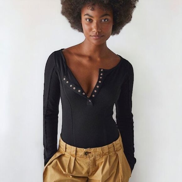 Free People Henley Gold Button Snap Front Sloan Full Coverage Bodysuit NWT Sz S - Picture 1 of 12